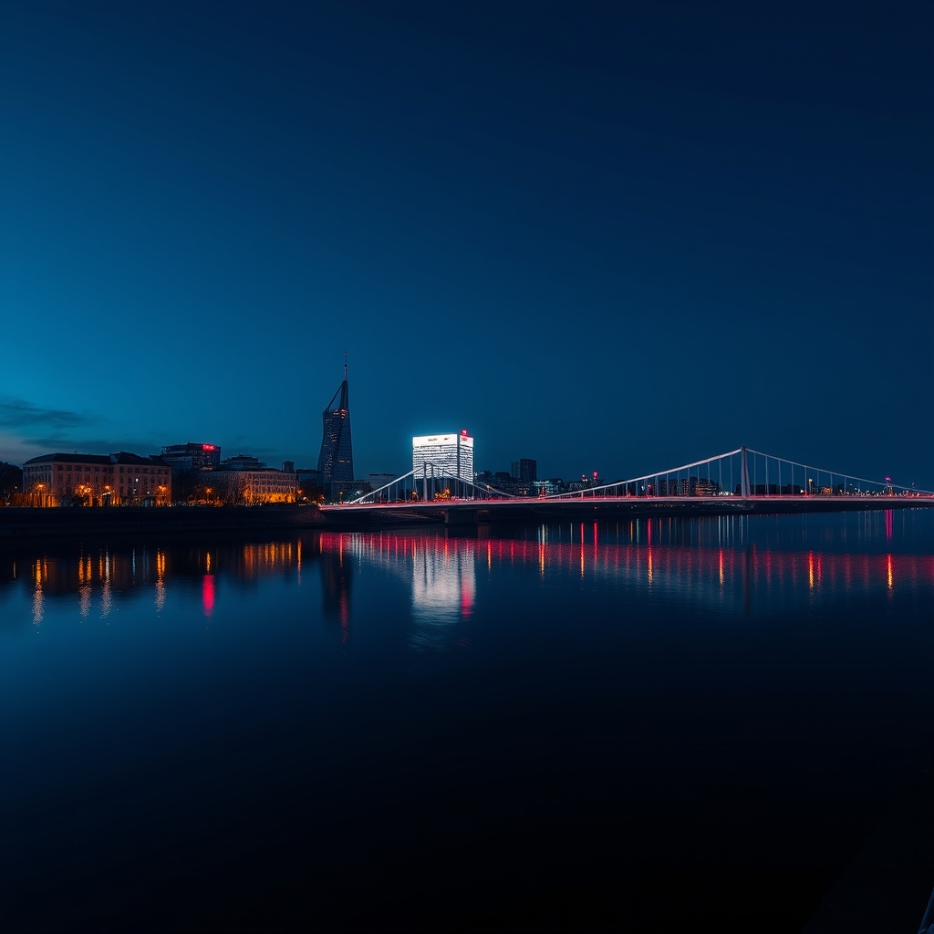 Wisła w Warszawie o zmierzchu z panoramą miasta.