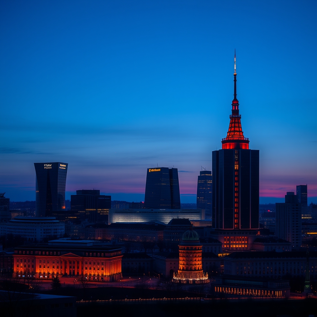 Panorama Warszawy o zmierzchu z Pałacem Kultury i Nauki oraz wieżowcami.